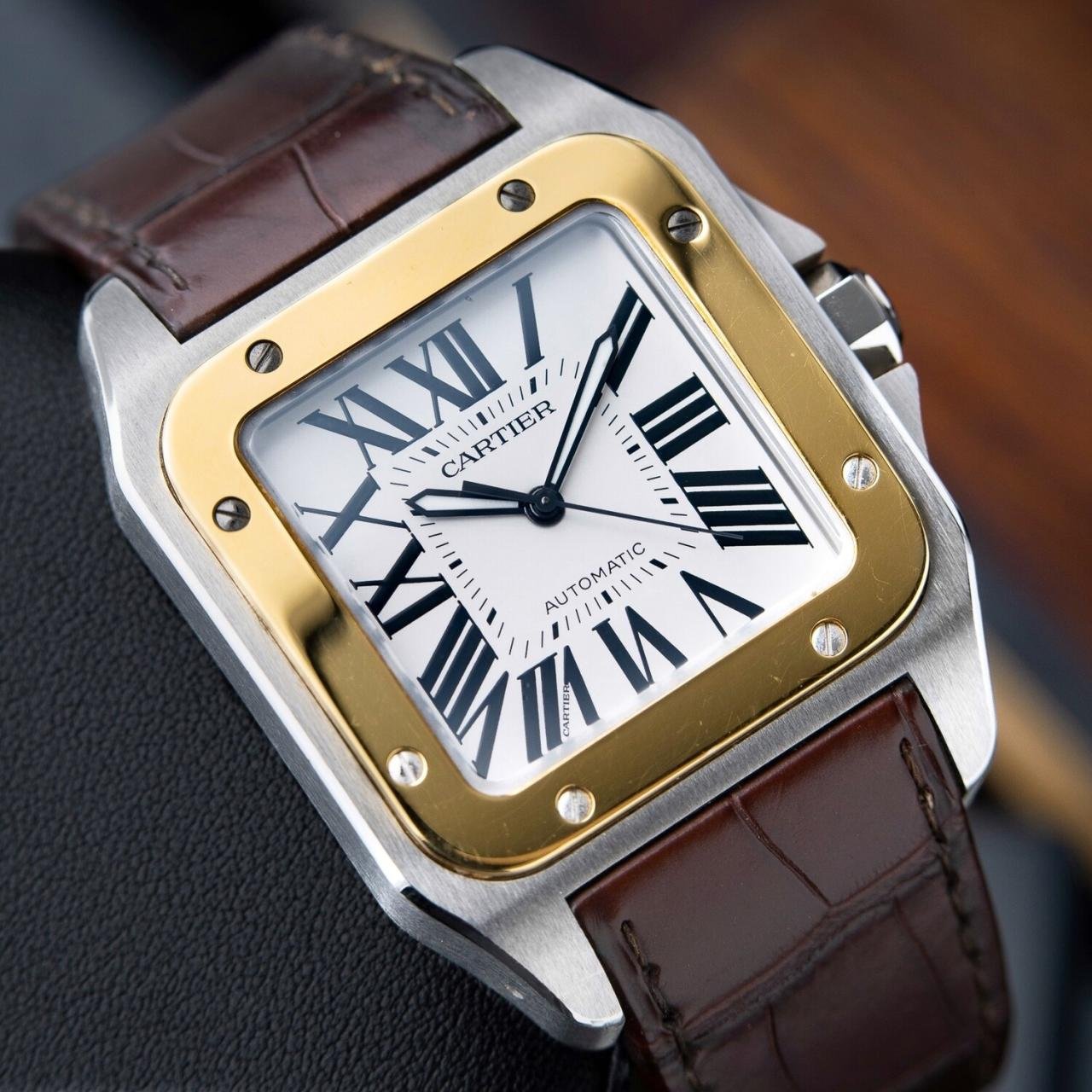 Cartier Santos 100 XL Two Tone Gold Steel White Leather Automatic 3774